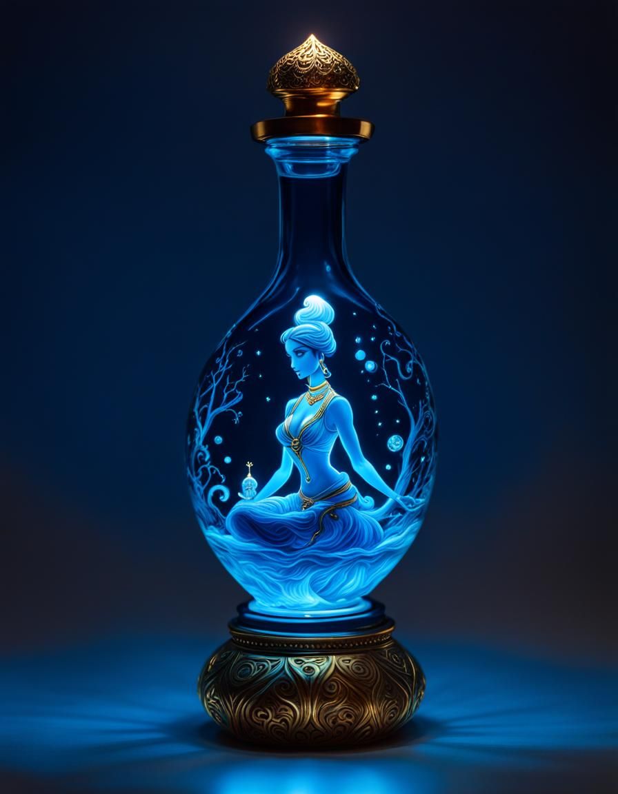 Genie in Bioluminescent Bottle with Gold Detail