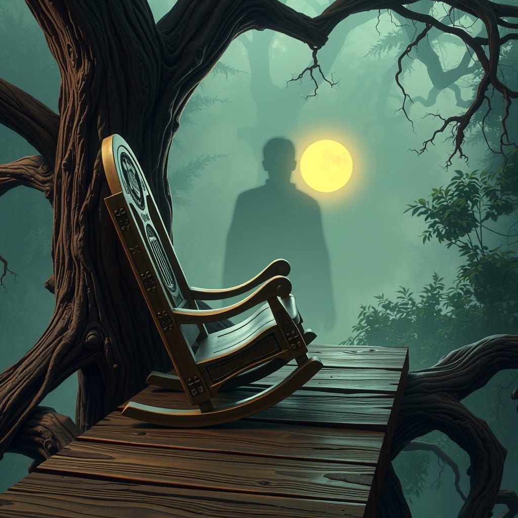 Wooden Rocking Chair in Tree with Shadowed Sun