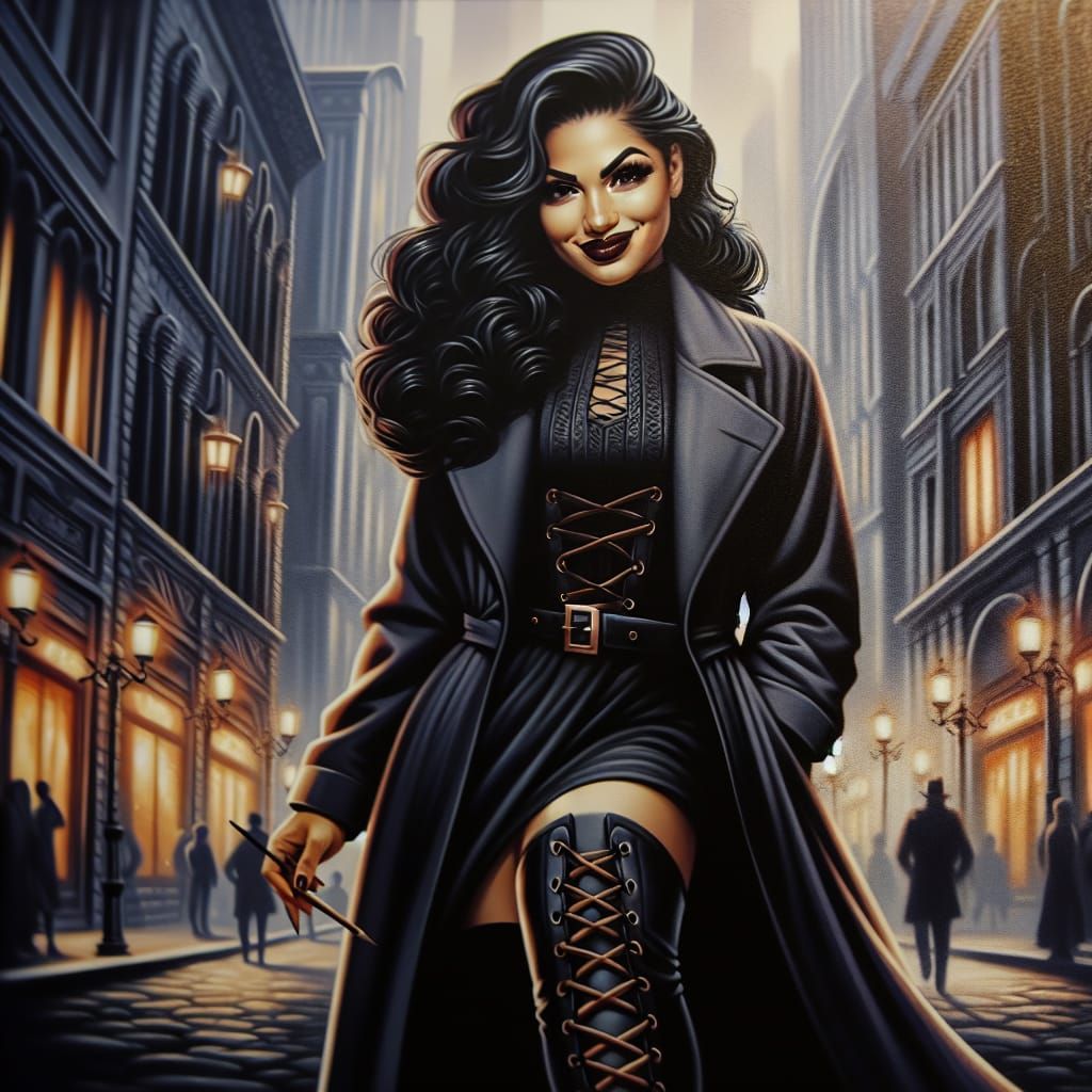 Hispanic Spy in City Street, Oil Painting Style