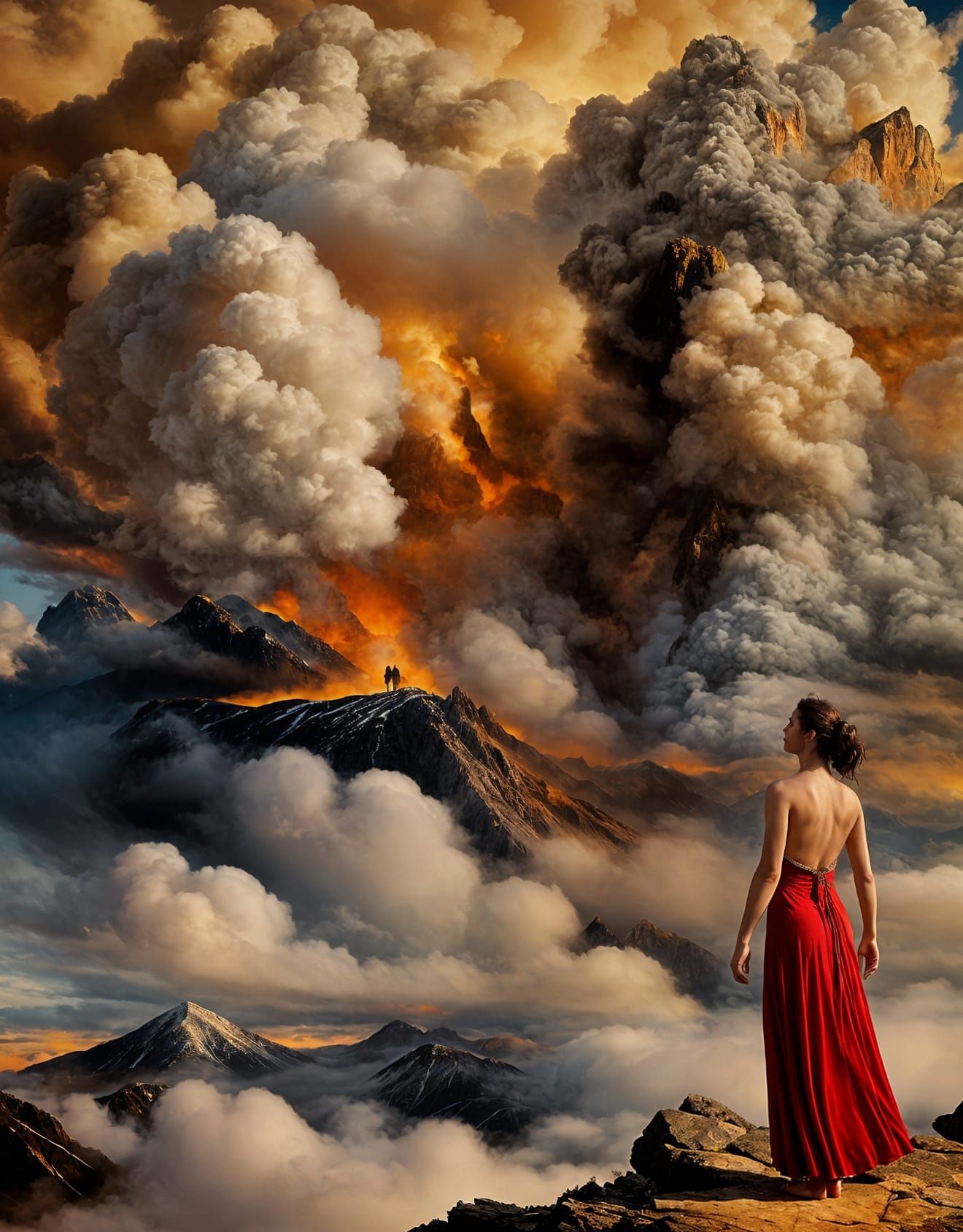 Surreal Mountain Fire Landscape with Woman