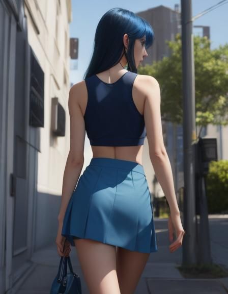 Blue Girl Walking Away, Detailed Illustration
