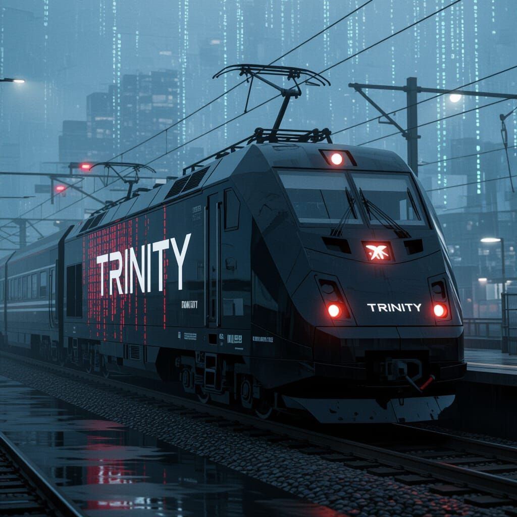 Cyberpunk Train with Trinity Symbols and Red Matrix Code
