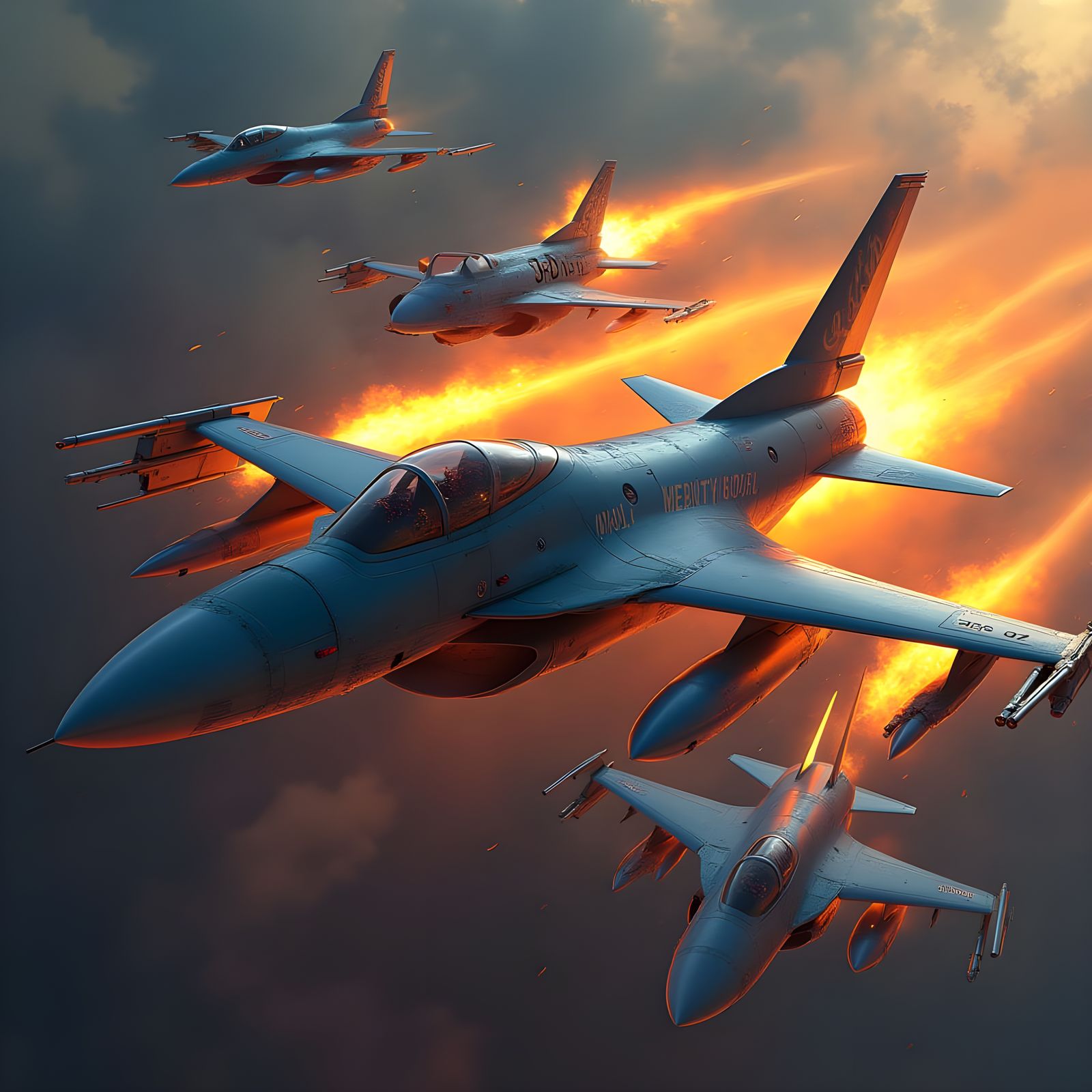 Futuristic Fighter Jet Soars Through Flames in Neon-Lit Aest...