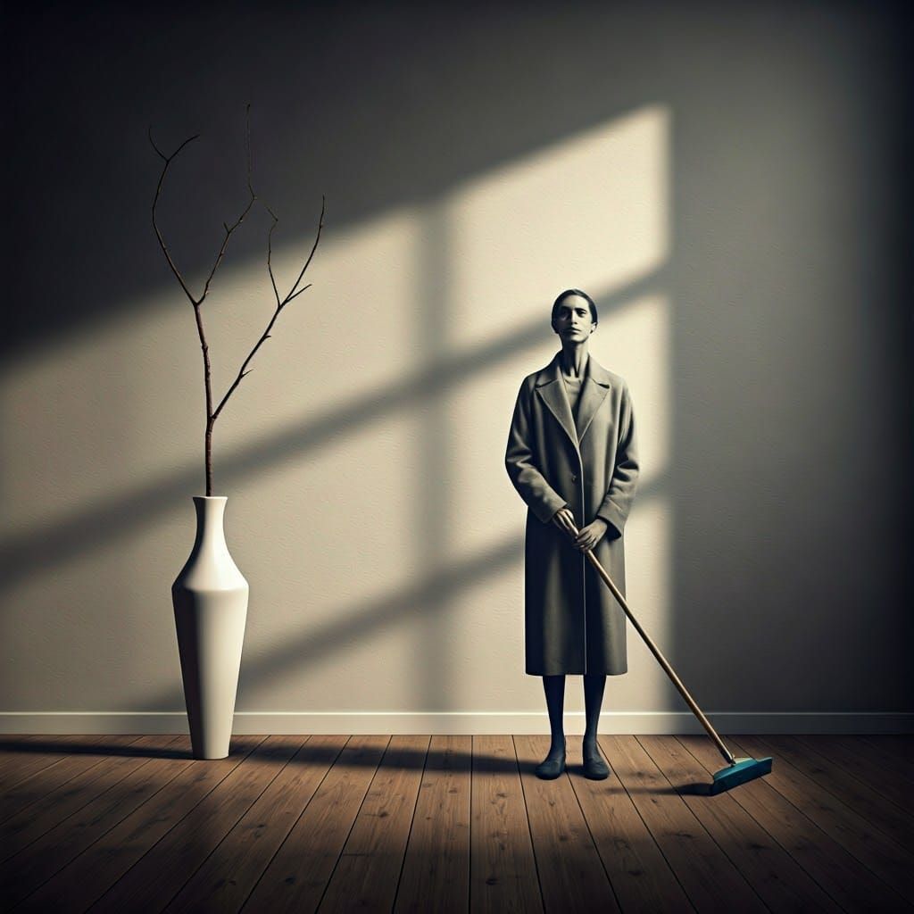 Woman in a Long Coat Holds a Broom in a Dimly Lit Room