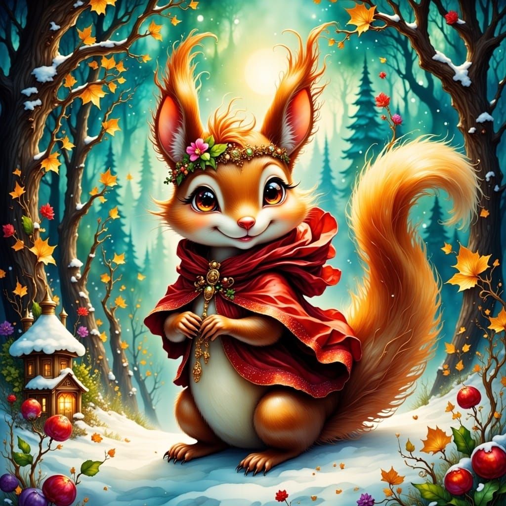 Whimsical Christmas Squirrel in Epic Fantasy Landscapes