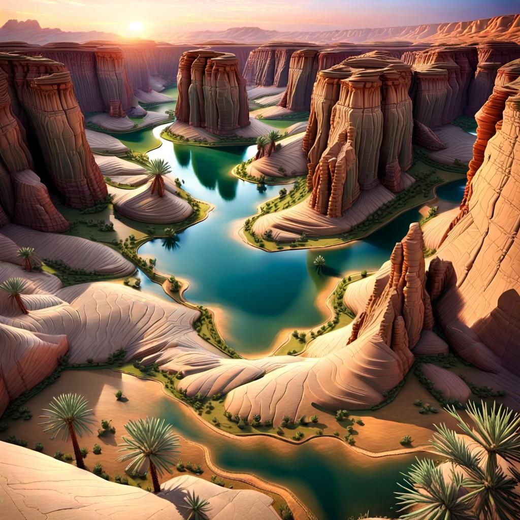 Desert Oasis Canyon Sunset: A Stunning 3D Render