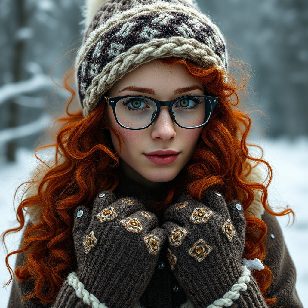 Hyperrealistic Woman with Red Hair in Snowy Appalachia