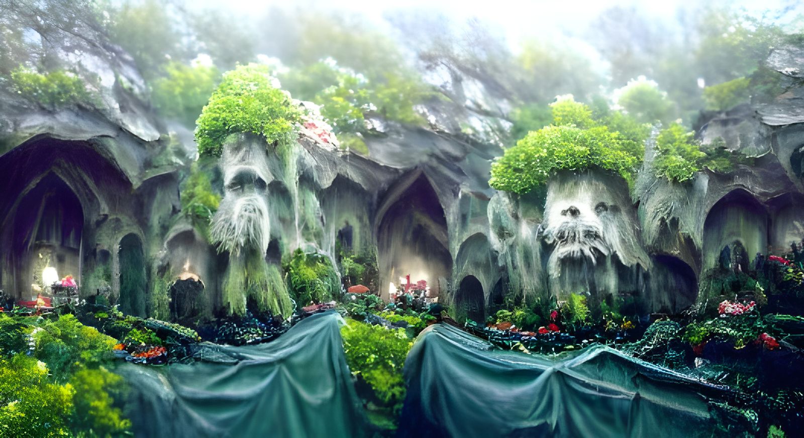 Ethereal Moss Caves with Dwarf King in Kinkade Style