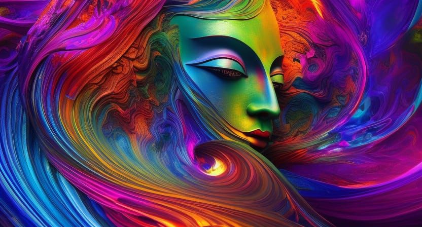 Cosmic Buddha Figure in Colorful Ink Flow