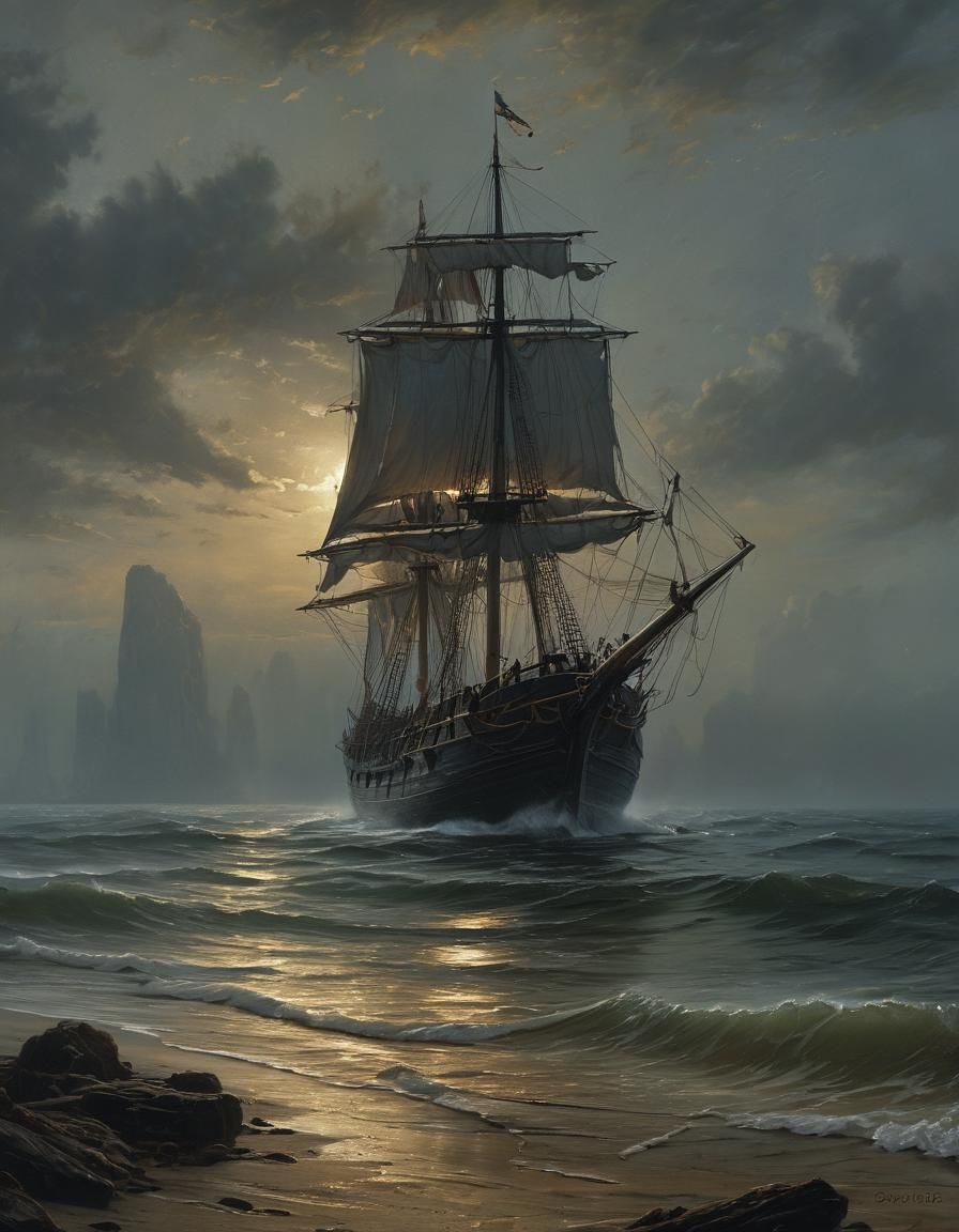 Dark Frigate Sails into Hazy Ocean: 19th-Century Painting