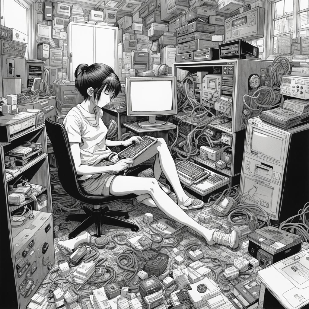 High Contrast Manga Drawing: Woman Fixing Computer