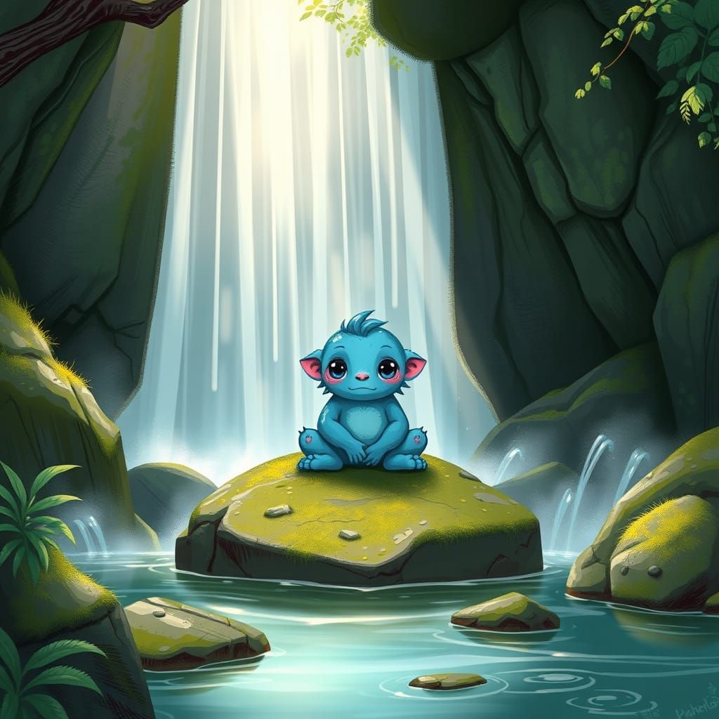 Whimsical Monster Amidst Waterfall Wonderland