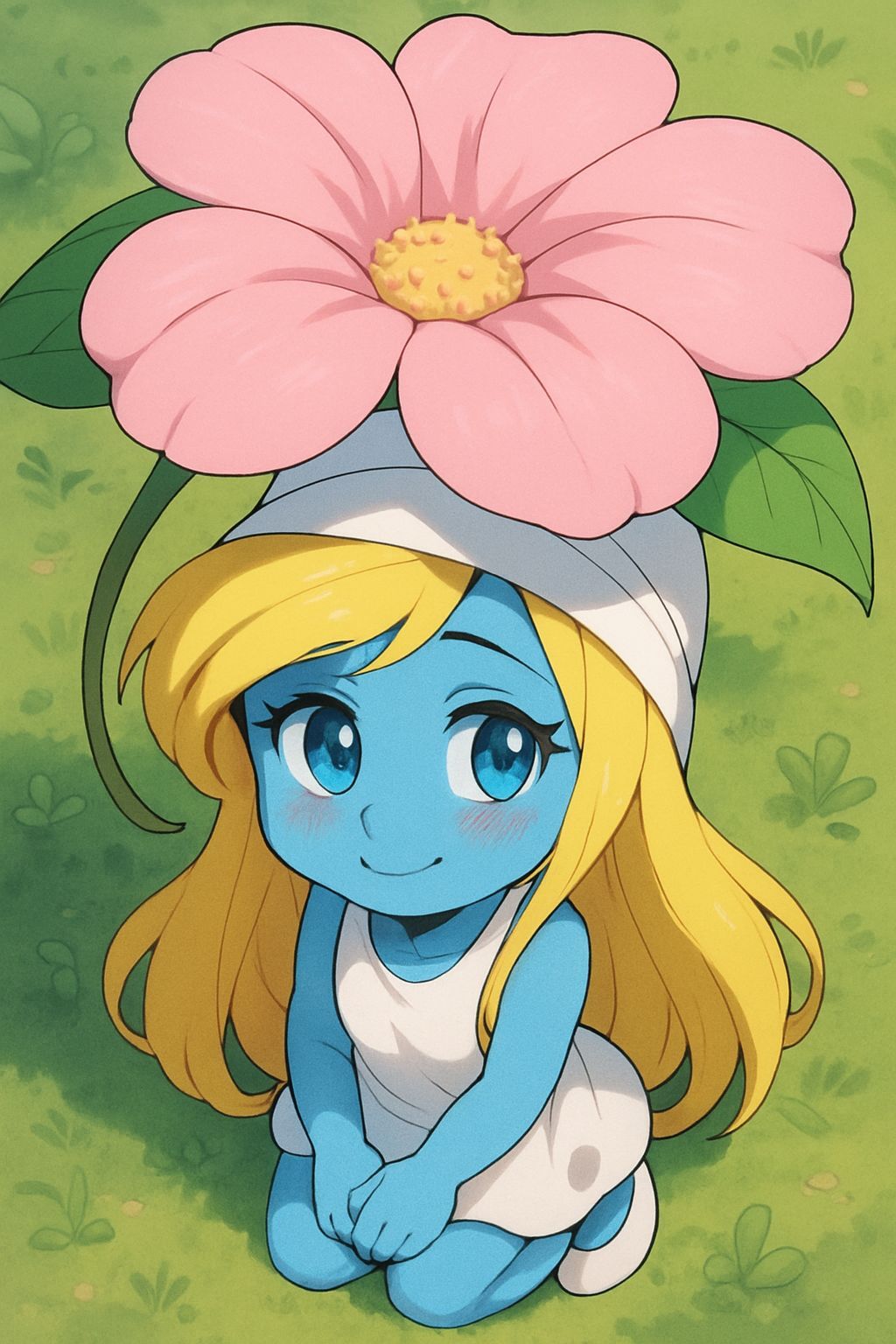 Smurfette Hiding Under Flower, Anime Style
