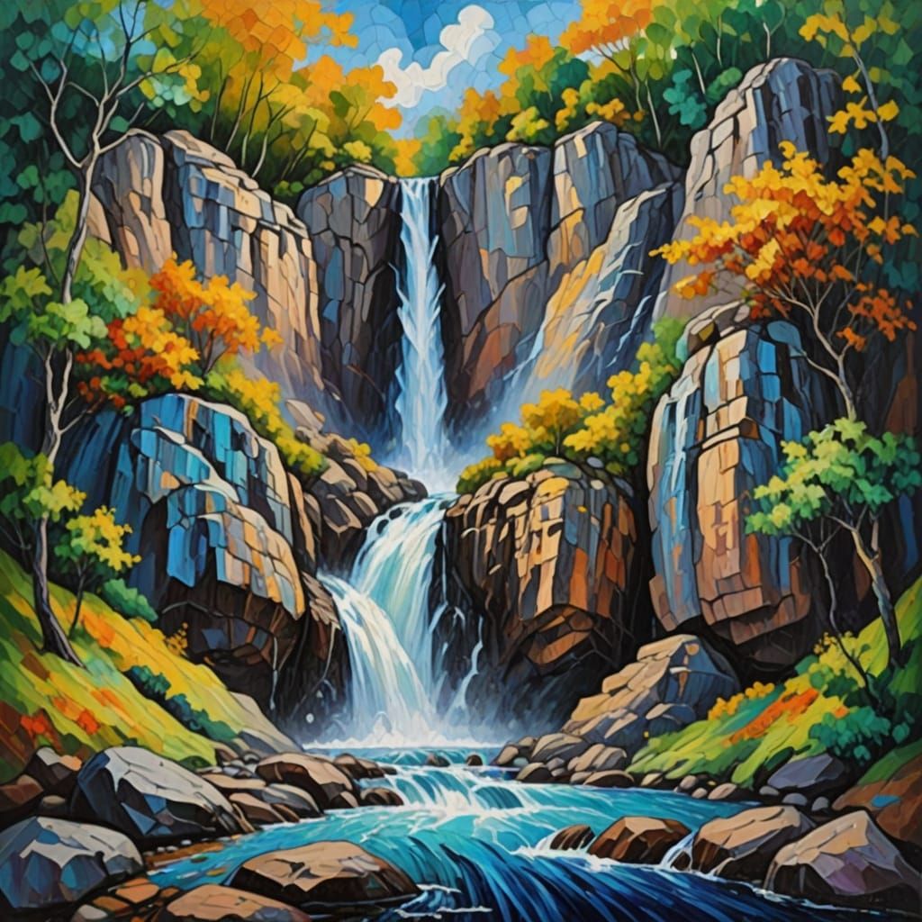 Waterfall Cascades Down Rocky Cliffs in Neo-Impressionist St...