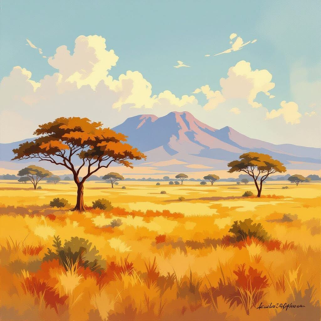 African Savannah Landscape in Impasto Style