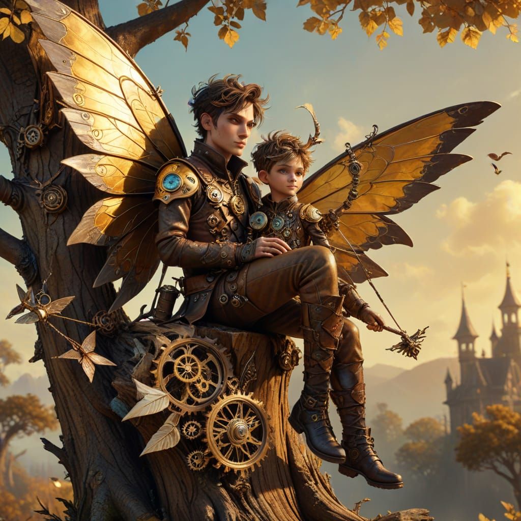 Steampunk Fairy and Boy with Kite in Fantasy Setting