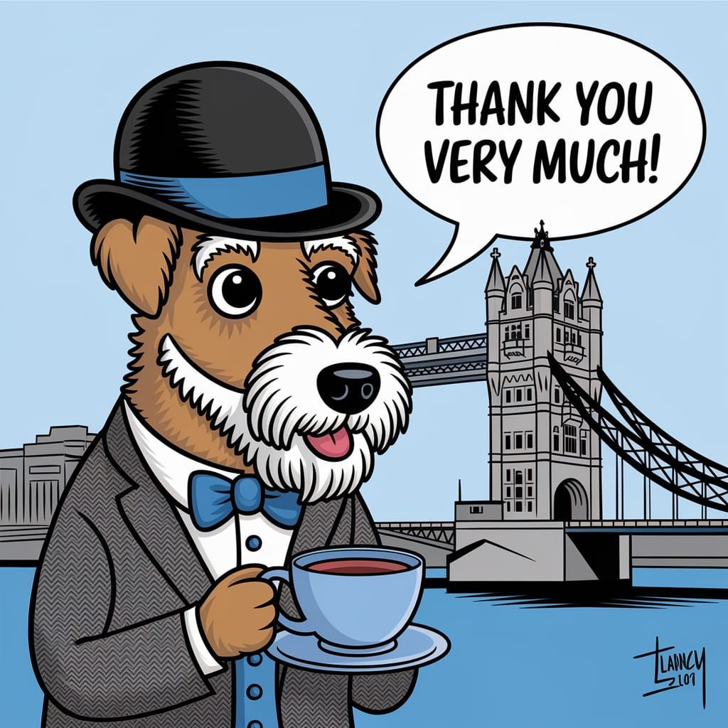Whimsical British Terrier Cheers in London, in Cartoon Style