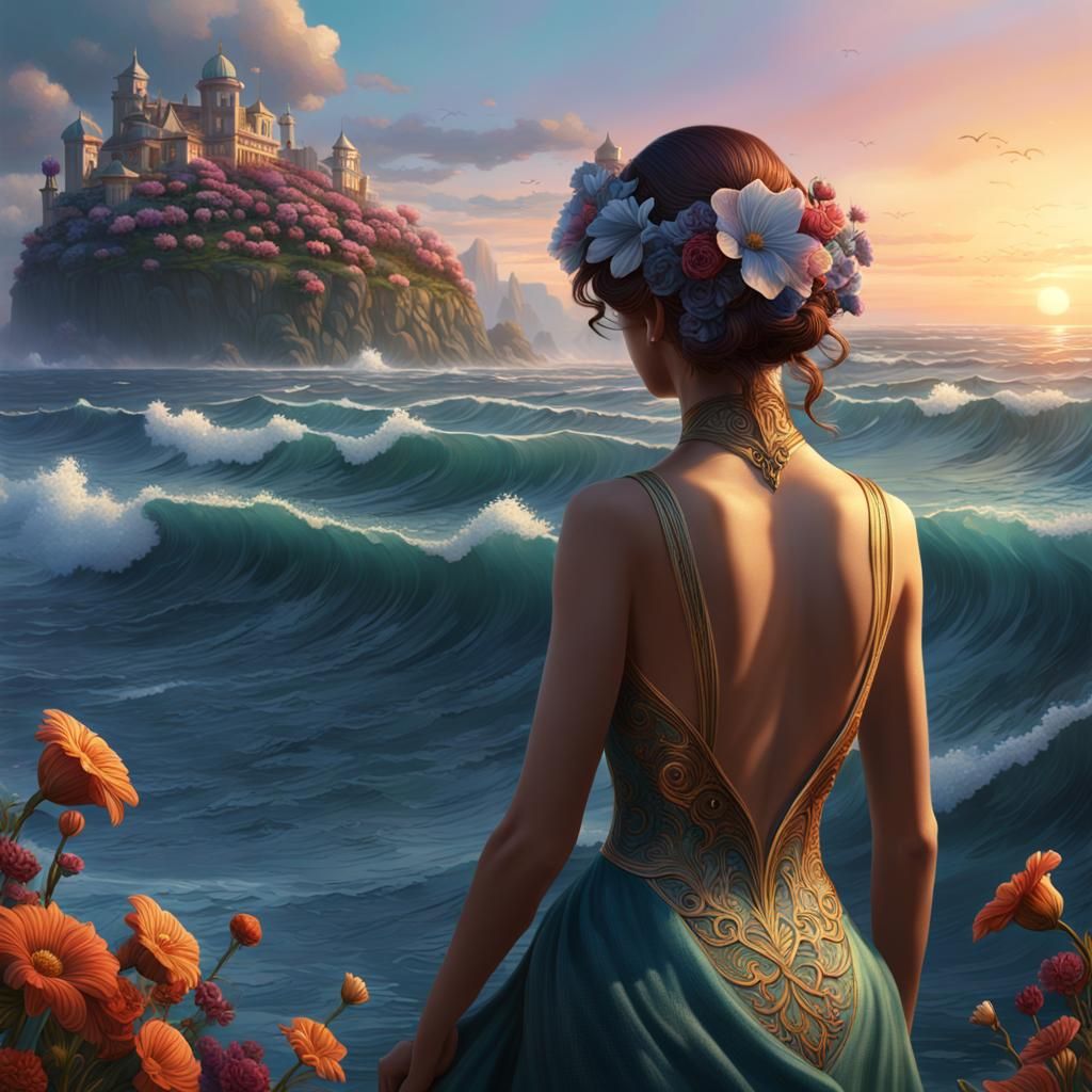 Art Nouveau Woman at Dawn Ocean Vista