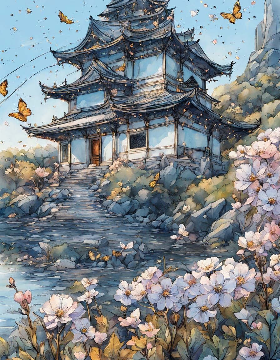 Fantasy Lighthouse Meadow with Butterflies in Watercolor