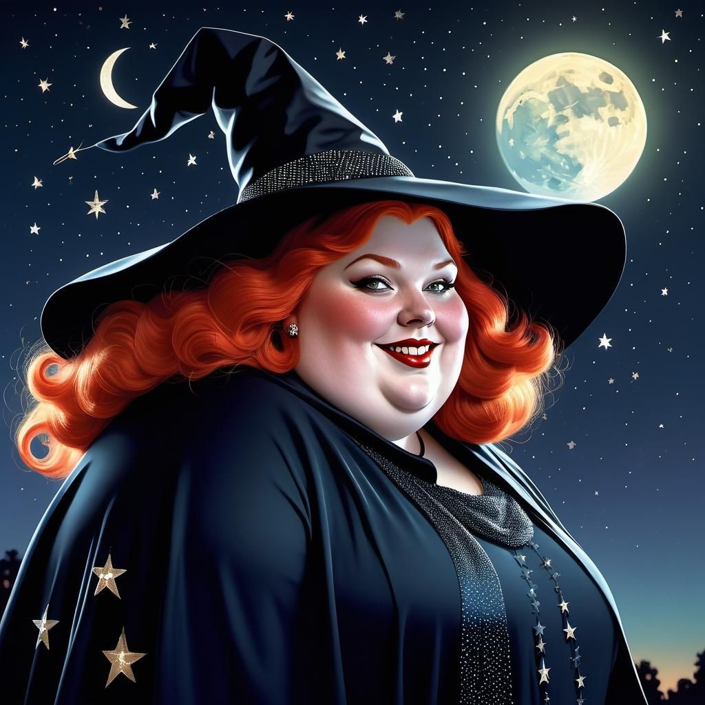 Friendly Red-Haired Witch in Starry Night, Chiaroscuro Light...