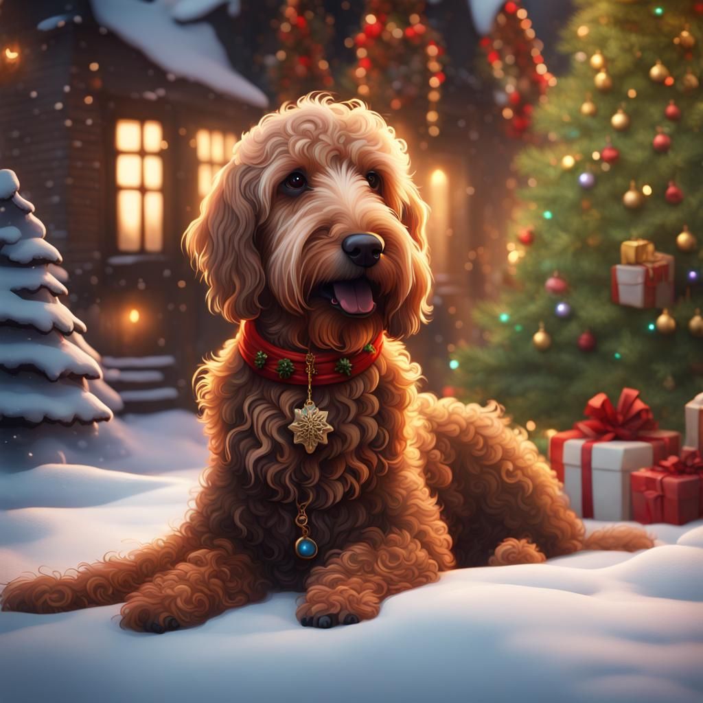 Festive Christmas Irishdoodle Puppy in Detailed Matte Painti...
