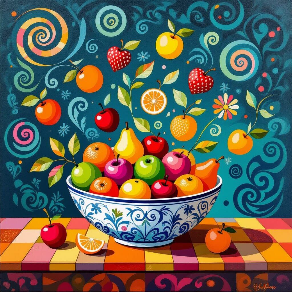 Vibrant Fruit Bursting from Bowl in Surreal Style