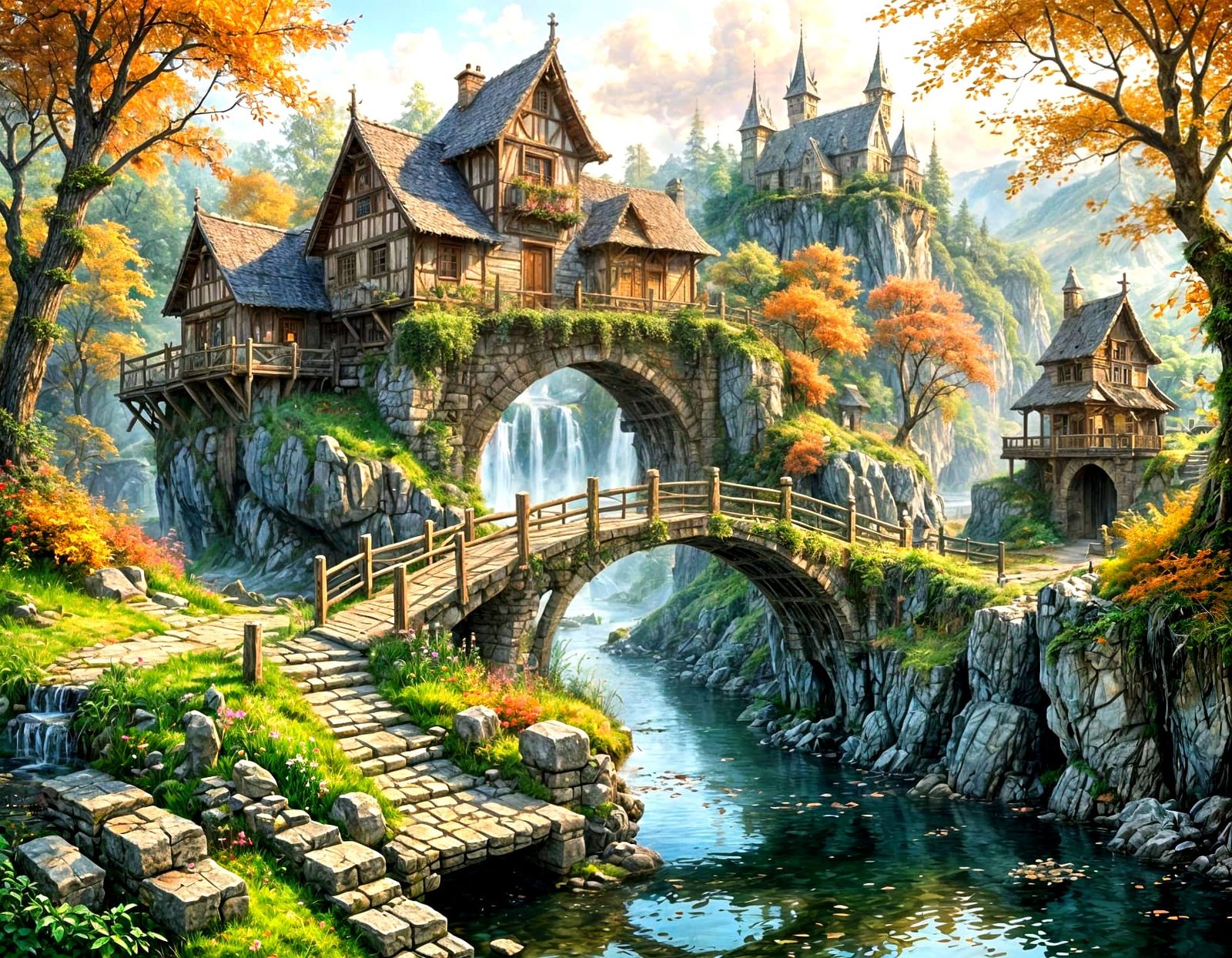 Medieval Village Bridge Connects to Enchanted Ruin in Vibran...