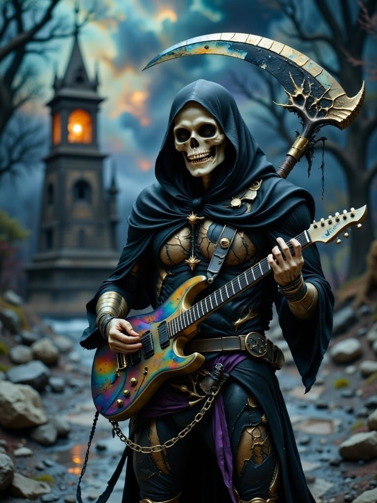 Grim Reaper Air Guitar in Dark Fantasy Graveyard