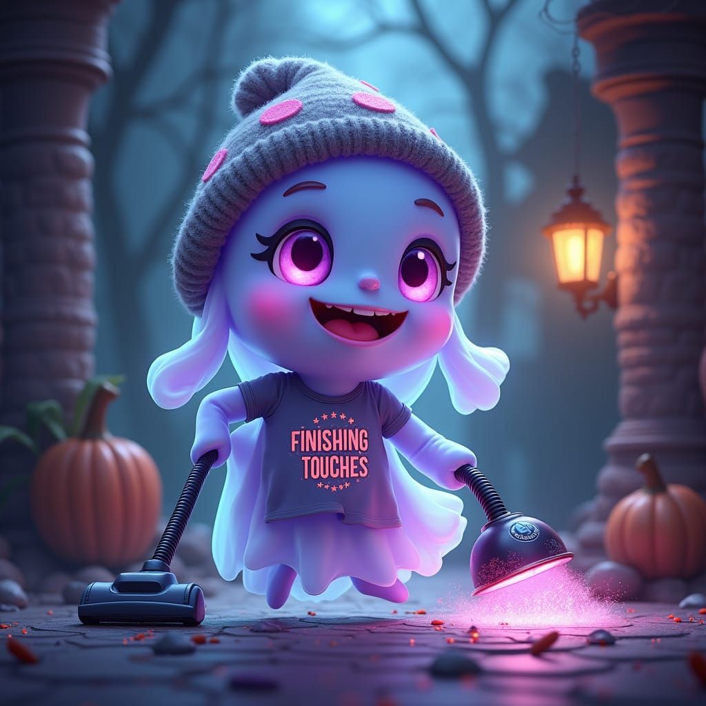 Playful Ghost Cleaning Mansion, Whimsical Digital Art