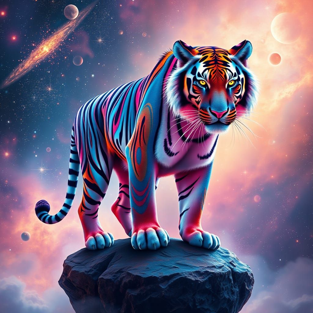 Surreal Cosmic Tiger in Vibrant Neon Hues