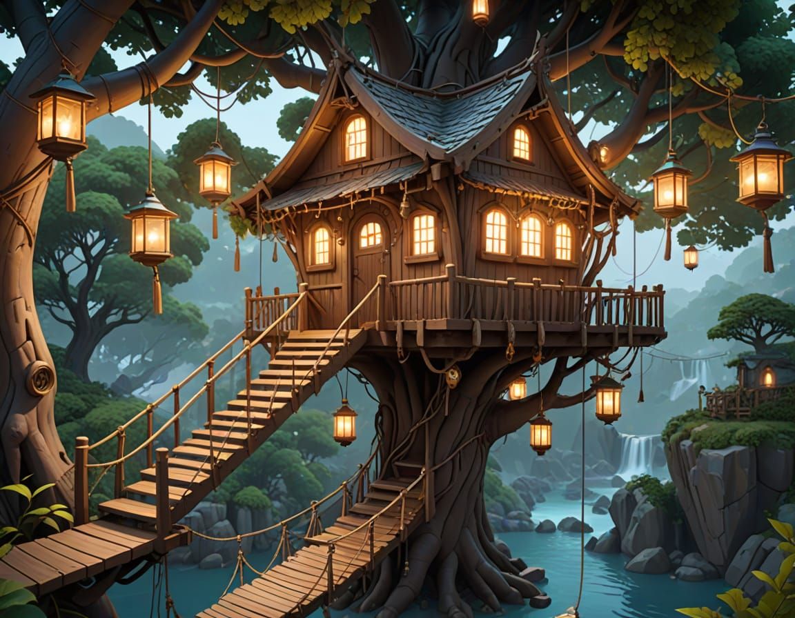 Whimsical Treehouse with Rope Bridges and Lanterns in Vibran...