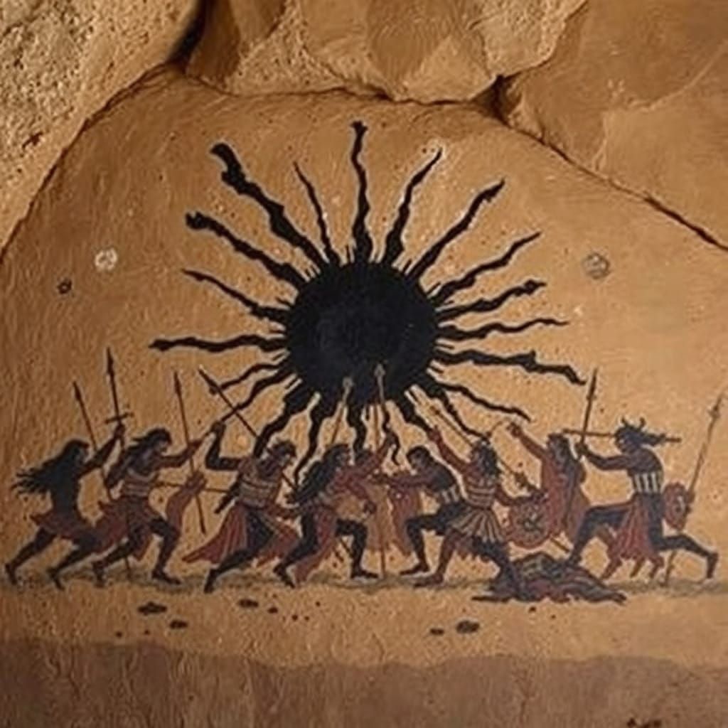 Ancient Battle Scene with Black Sun Symbol in Earthy Cave Pa...