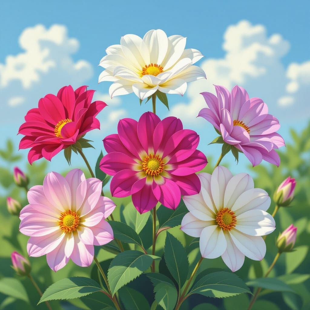 Starburst Flowers in Garden, Art Nouveau Style