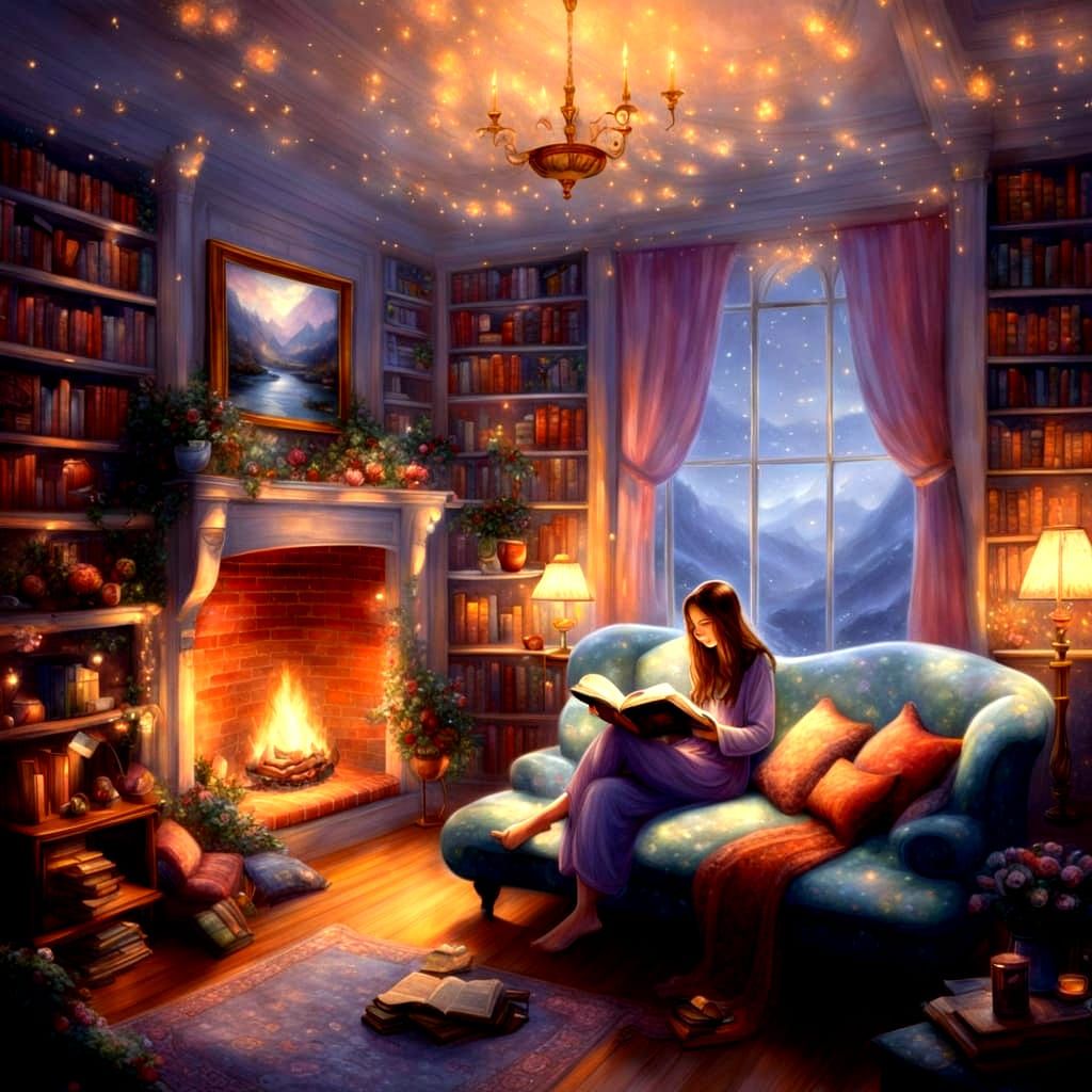 Cozy Reading Nook with Cheshire Cat, Kinkade Style