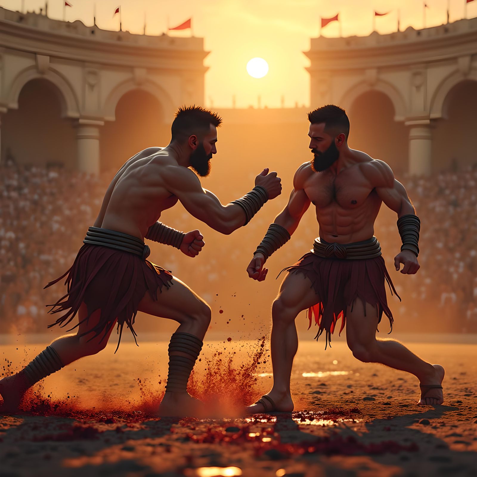 Gladiators Clash in Ancient Arena at Sunset