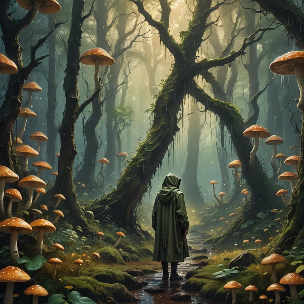 Mystical Mushroom Forest in Heavy Rain