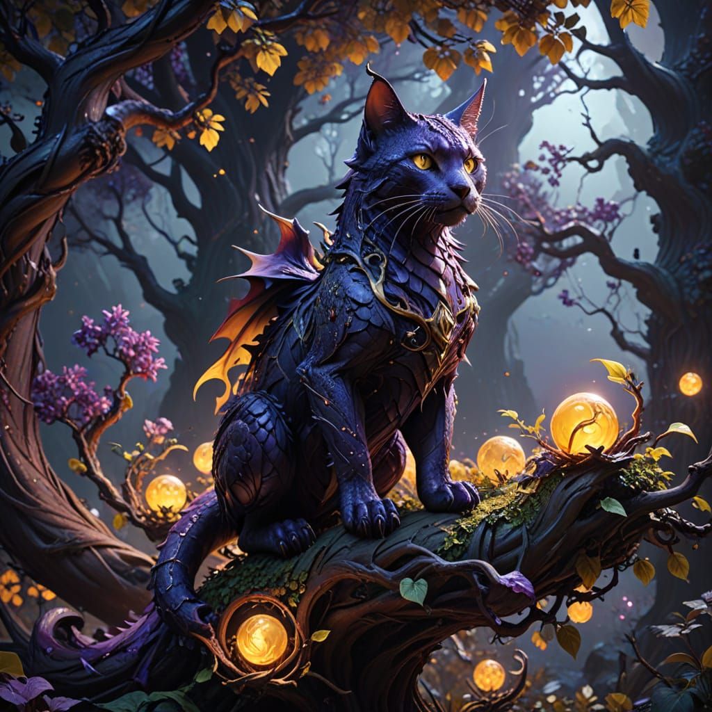 Majestic Cat-Dragon Hybrid in Ancient Fruit Tree Realm