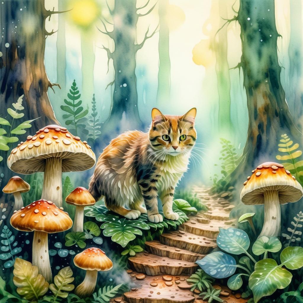 Kitty Cat's Impressionist Watercolor Mushroom Forest Adventu...
