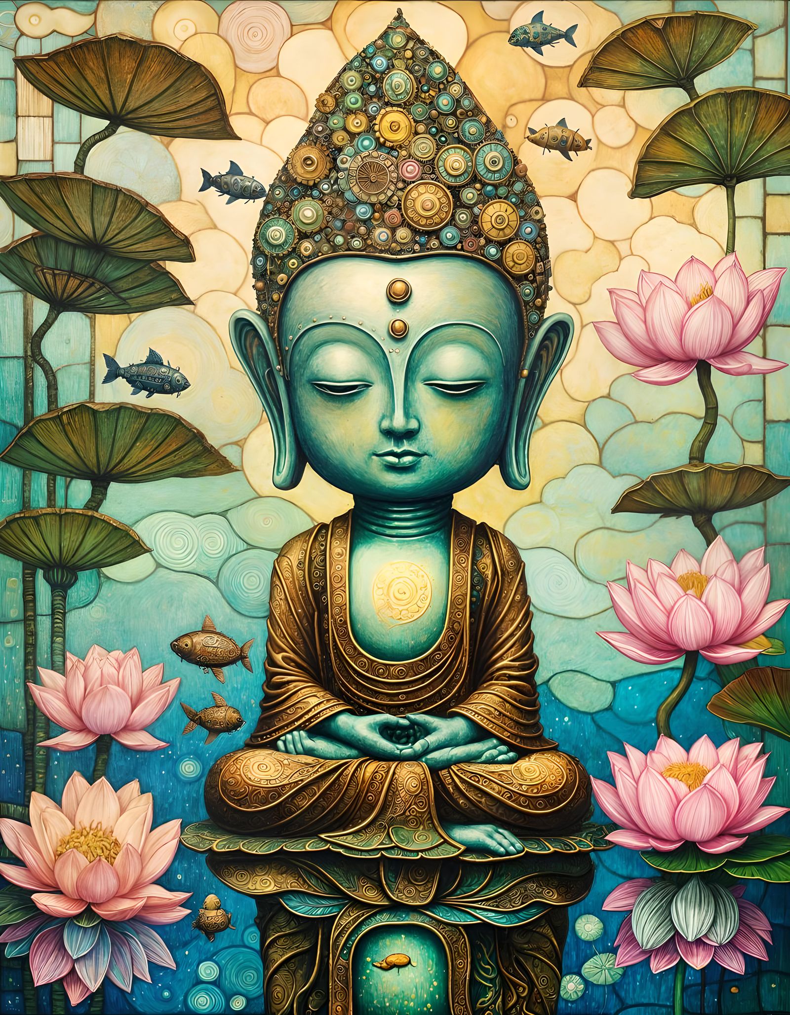 Steampunk Buddha Robot Meditating Among Lotus Flowers