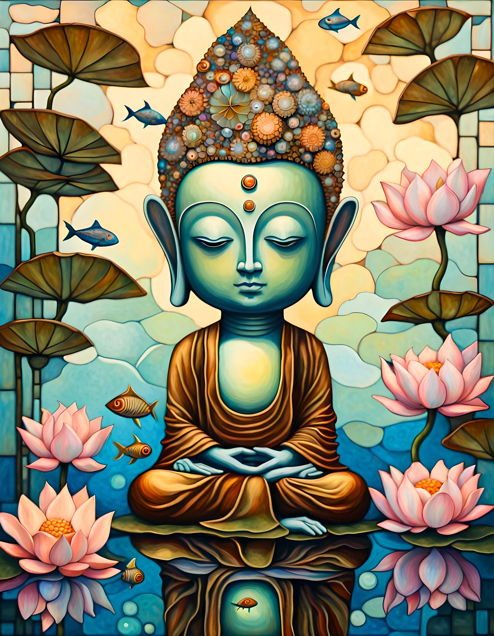 Steampunk Buddha Robot Meditating Among Sushi