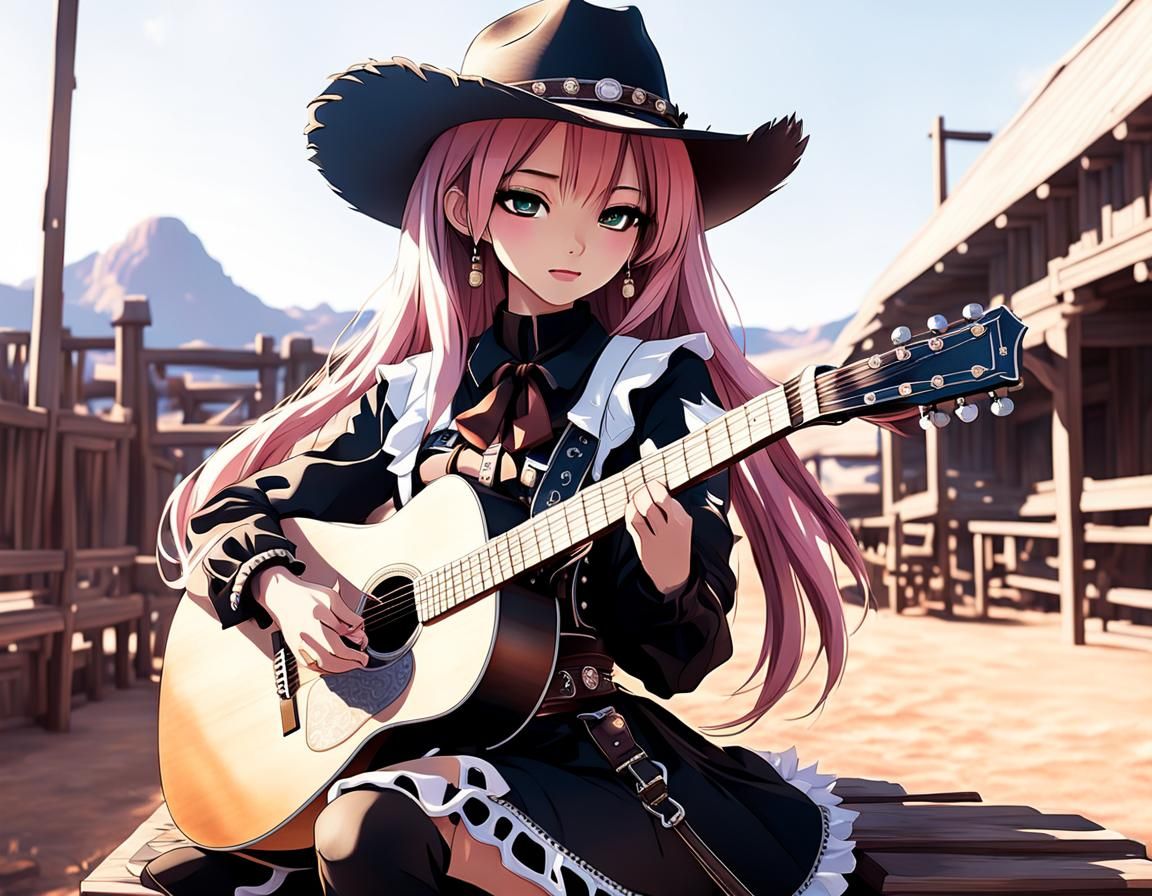 Anime Cowgirl Playing Guitar in Western Style