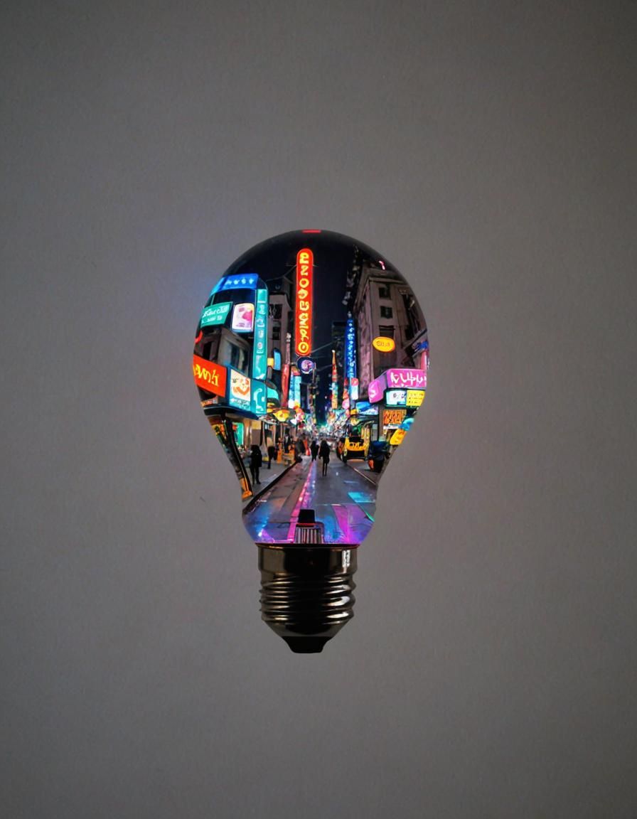 Cityscape Inside Lightbulb with Neon Reflections