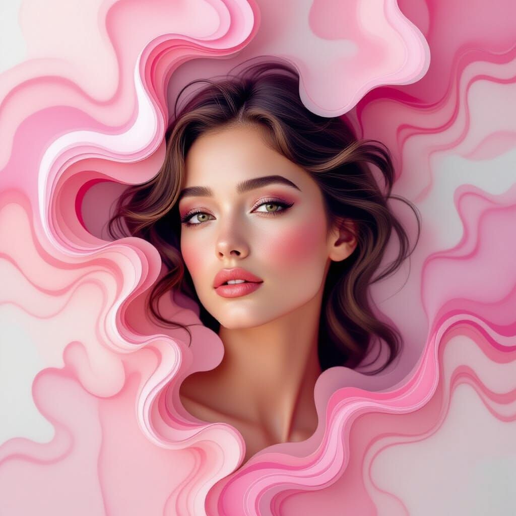 Melancholic Portrait Emerging from Pink and White Marbling