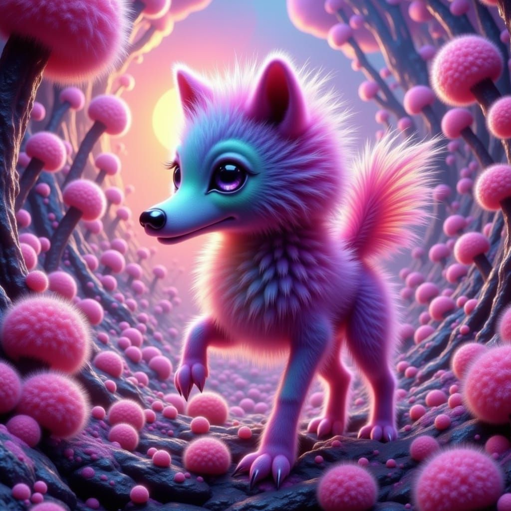 Majestic Wolf with Candy Floss Fur in Sugary Landscape