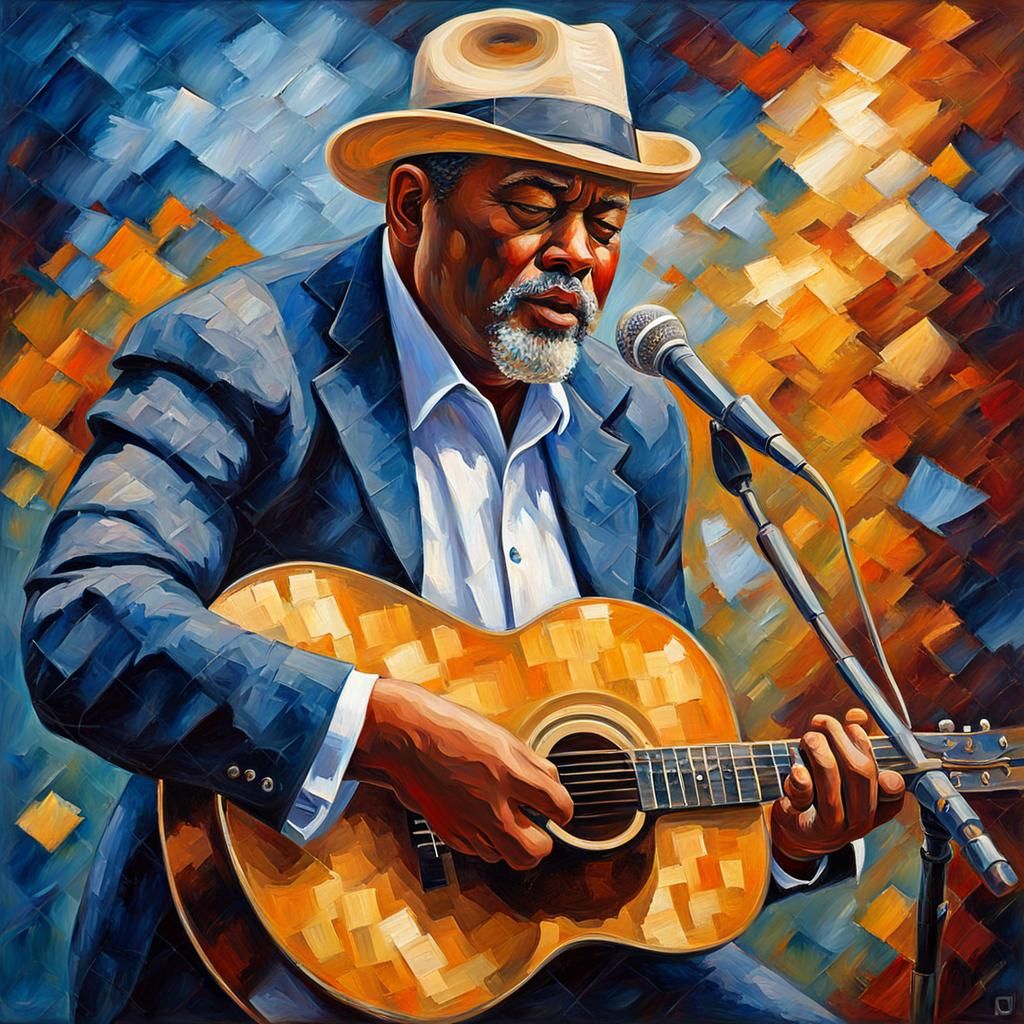 Blues Singer with Acoustic Guitar as Impasto Painting