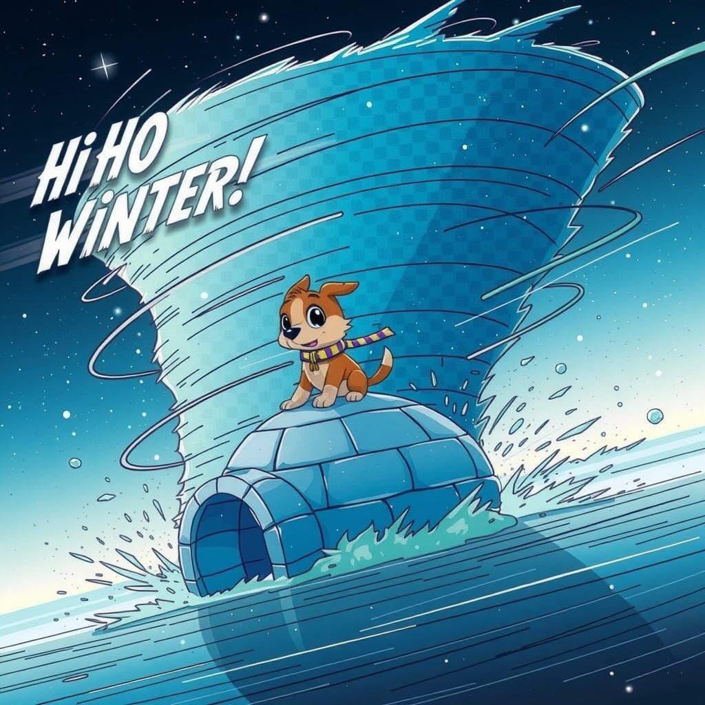 Cute Cartoon Dog Rides Igloo into Hurricane in Comic Book St...
