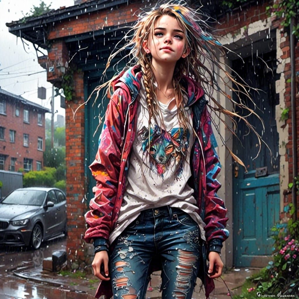 Punk Girl Dancing in Rainy Anime Style