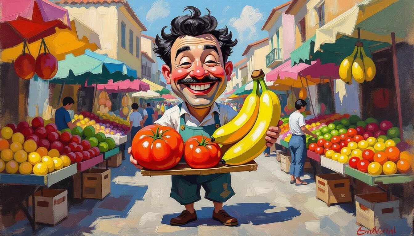 Street Vendor Caricature in Impressionist Style