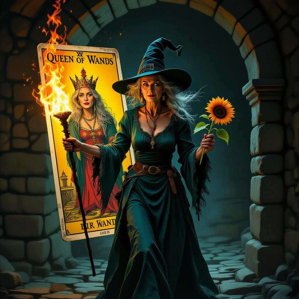 Queen of Wands Witch Emerges from Tarot Card in Dungeon