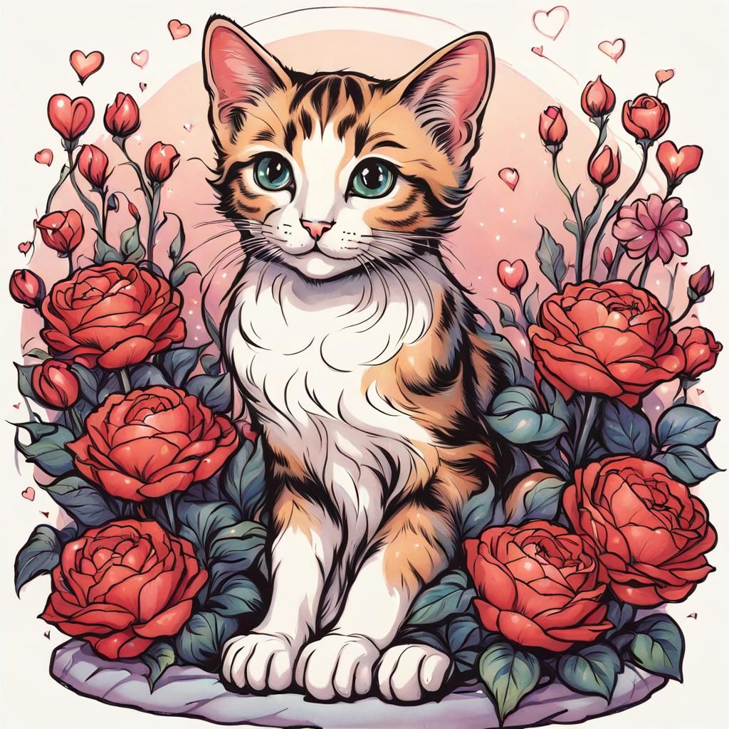 Cute Cat Surrounded by Flowers in Comic Art Style